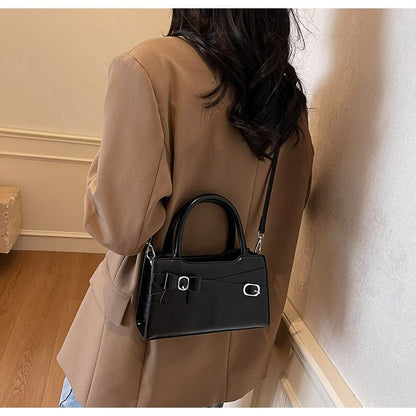 Faux Leather Top Handle Bow Buckled Crossbody Bag