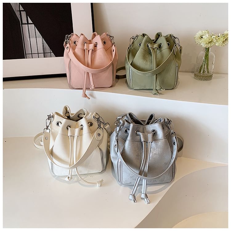 Faux Leather Drawstring Bucket Bag