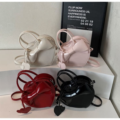 Faux Leather Top Handle Bow Heart Crossbody Bag