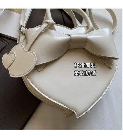 Faux Leather Top Handle Bow Heart Crossbody Bag