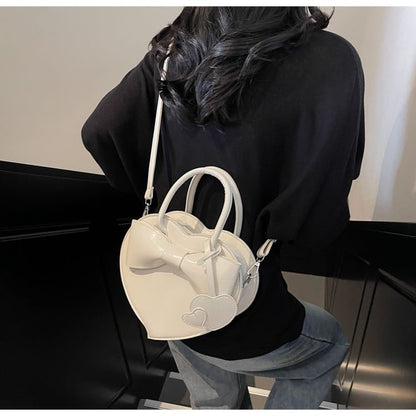Faux Leather Top Handle Bow Heart Crossbody Bag