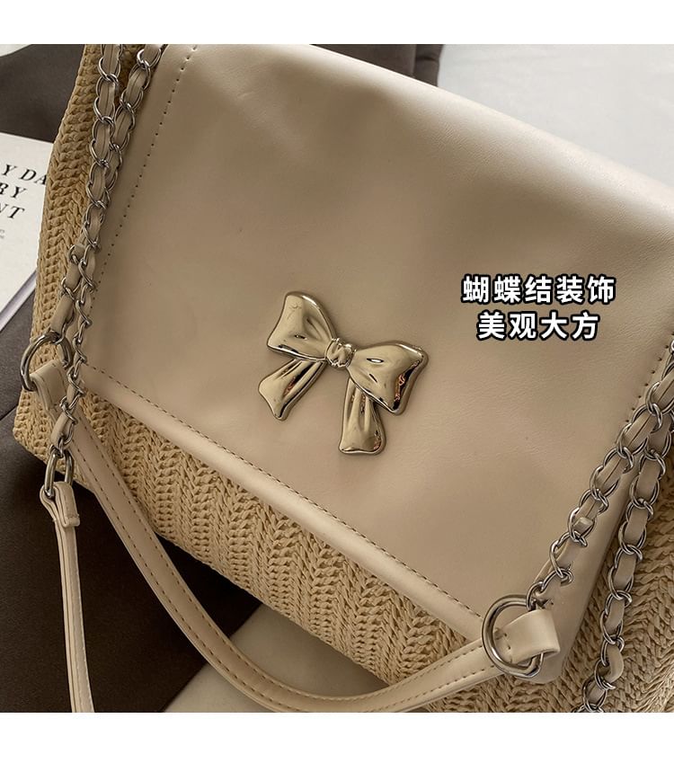 Bow Flap Woven Shoulder Bag