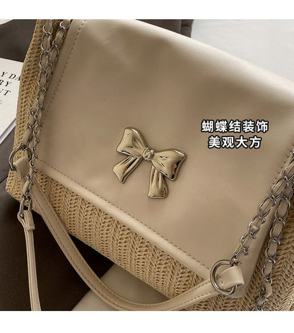 Bow Flap Woven Shoulder Bag