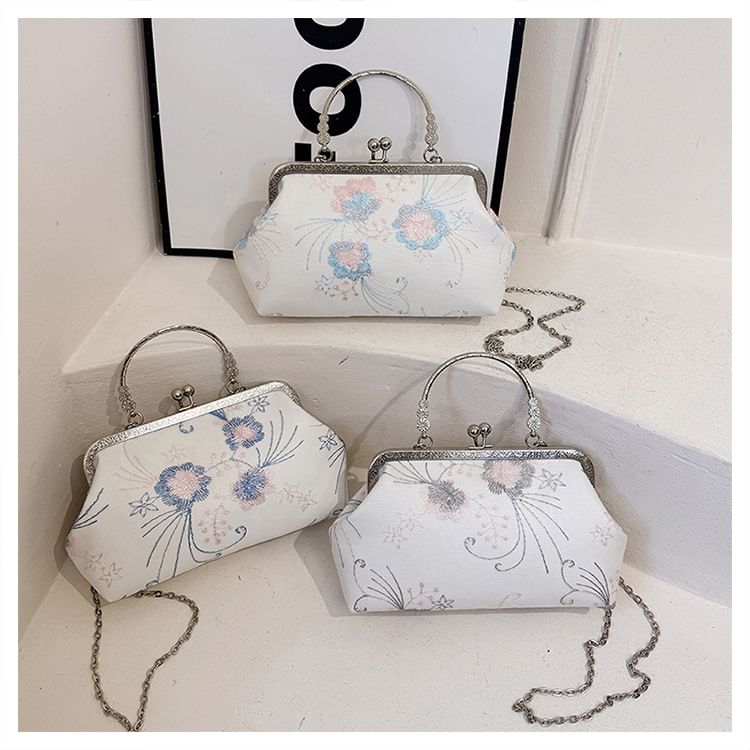 Floral Embroidered Kiss Lock Crossbody Bag