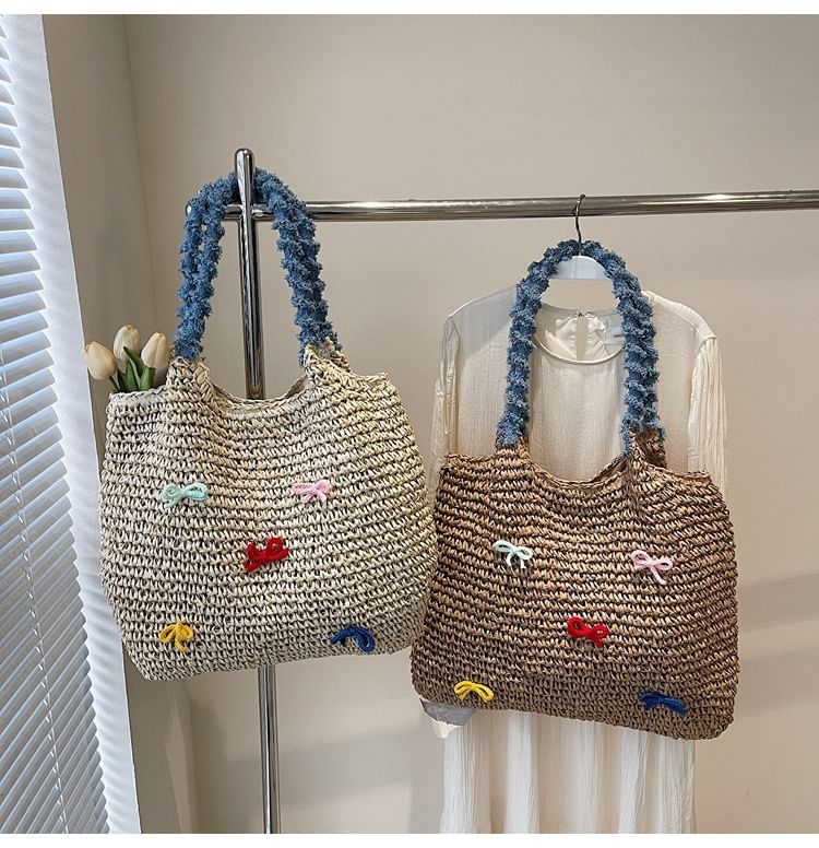 Bow Tassel Strap Woven Tote Bag