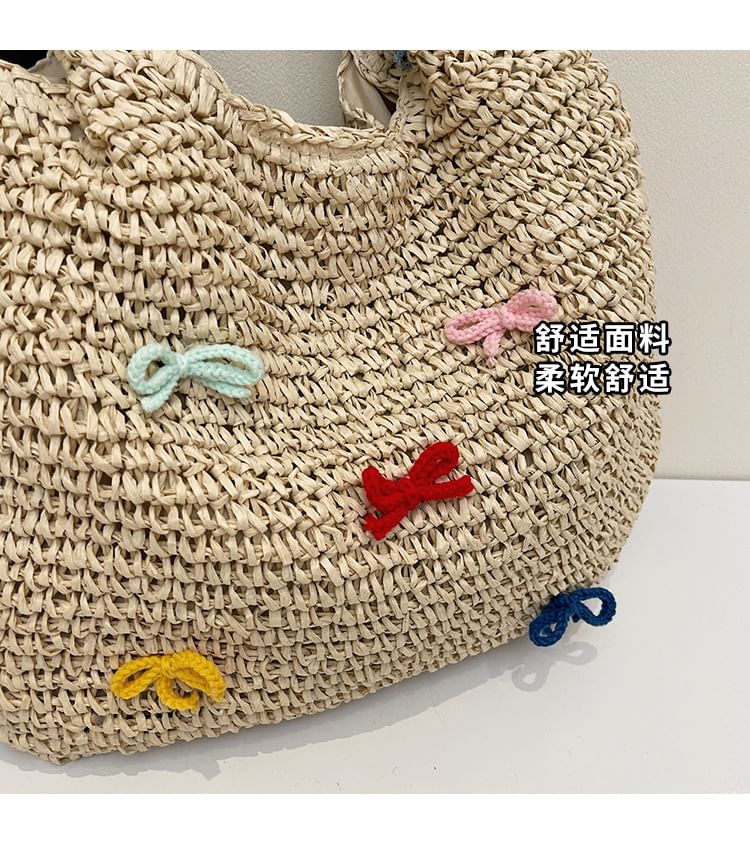 Bow Tassel Strap Woven Tote Bag