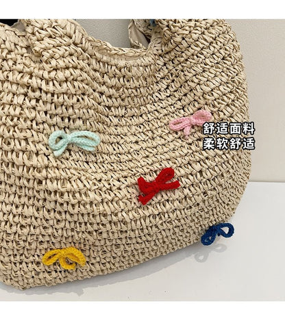 Bow Tassel Strap Woven Tote Bag