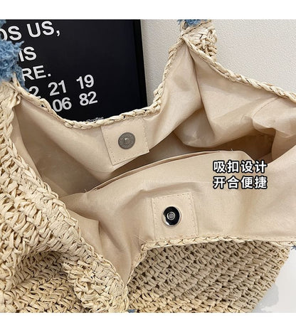 Bow Tassel Strap Woven Tote Bag