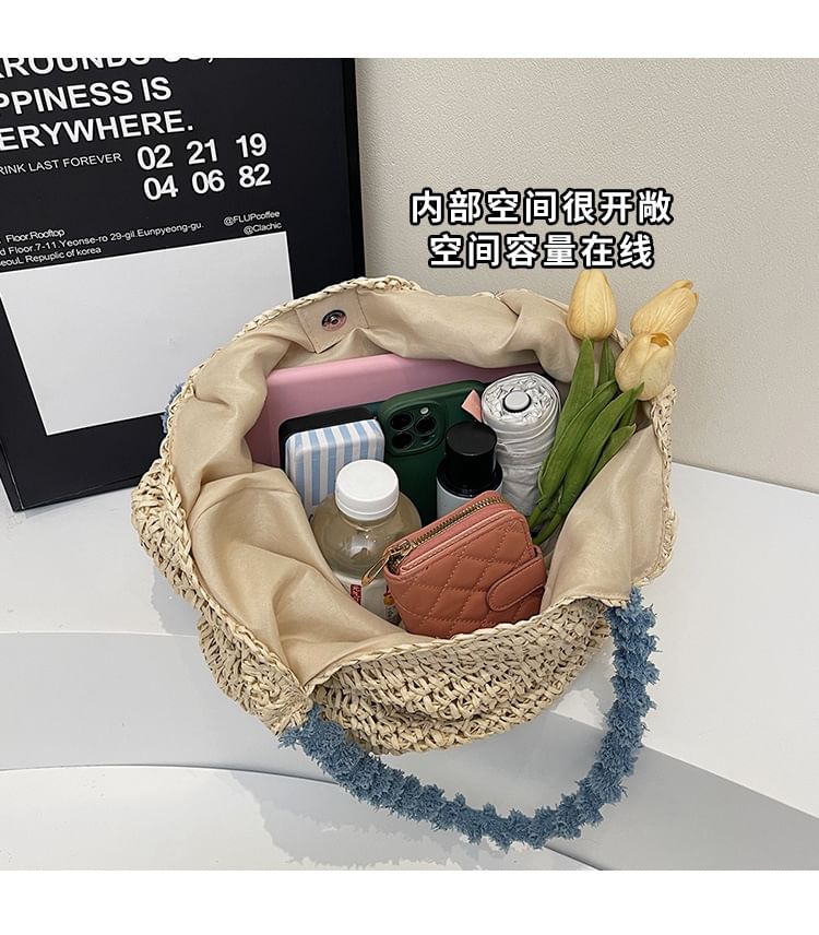 Bow Tassel Strap Woven Tote Bag