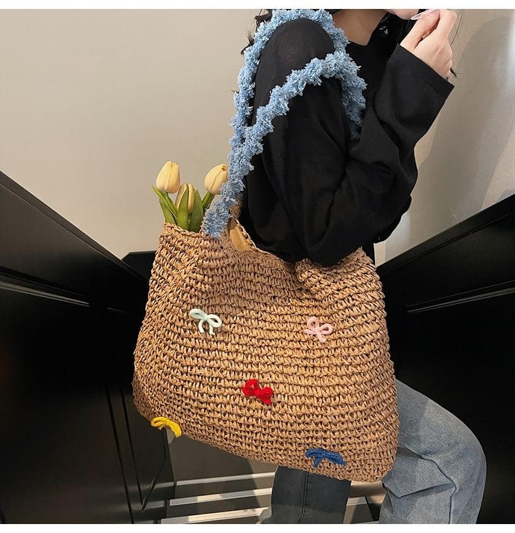 Bow Tassel Strap Woven Tote Bag