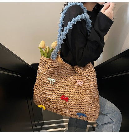 Bow Tassel Strap Woven Tote Bag