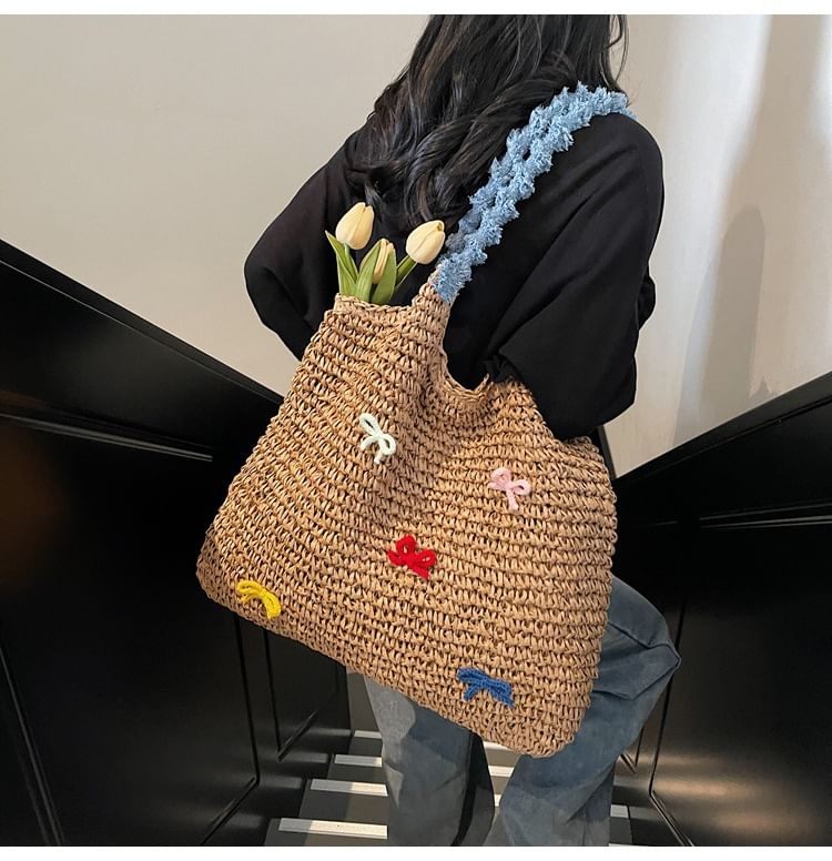 Bow Tassel Strap Woven Tote Bag