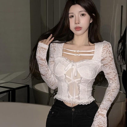 Bowknot Lace Square Neck Long Sleeve Top