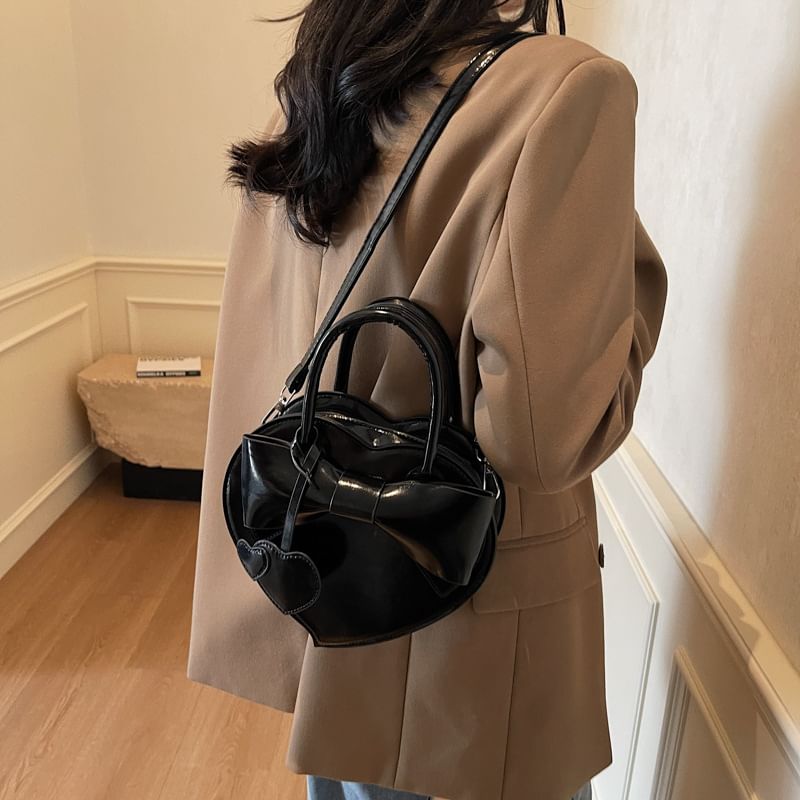 Set: Heart Shaped Faux Leather Crossbody Bag + Bag Charm