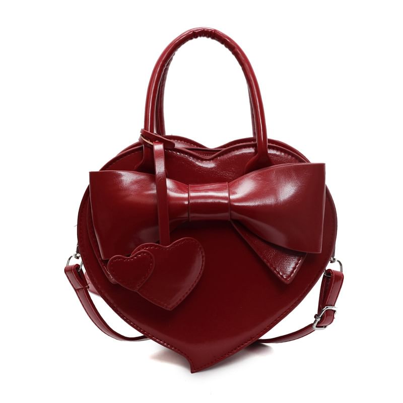 Set: Heart Shaped Faux Leather Crossbody Bag + Bag Charm