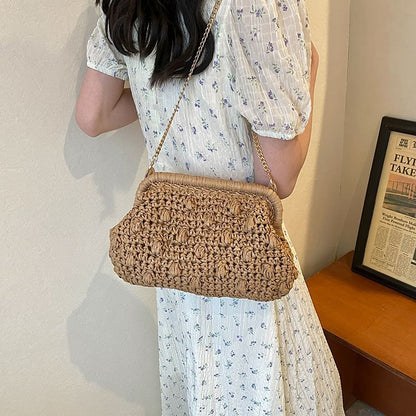 Chain Strap Textured Straw Crossbody Bag