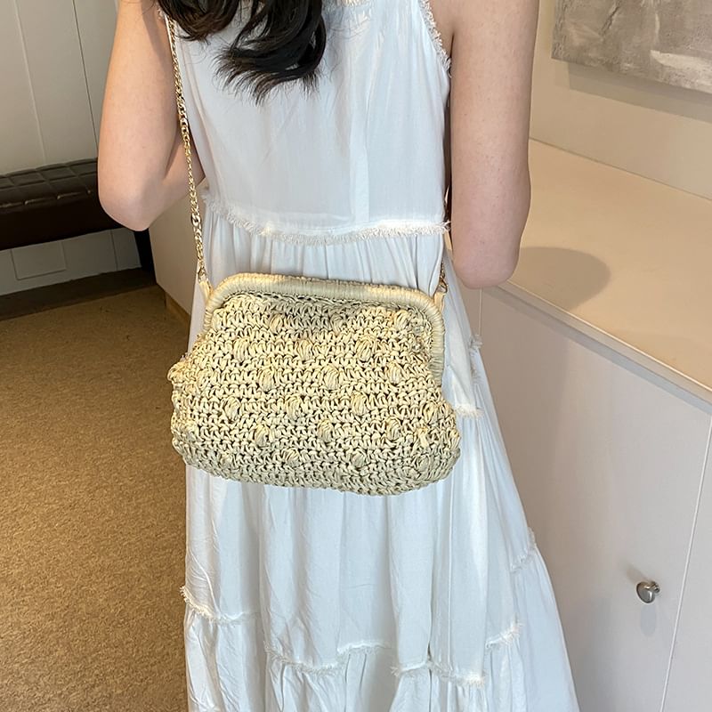 Chain Strap Textured Straw Crossbody Bag