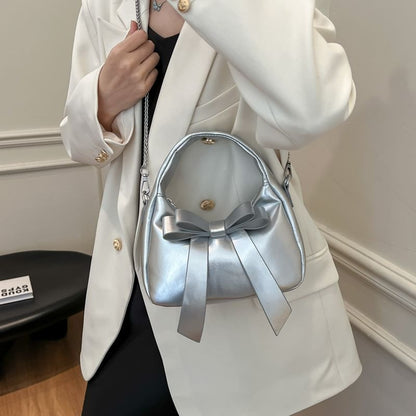 Chain Strap Plain Bow Accent Faux Leather Crossbody Bag