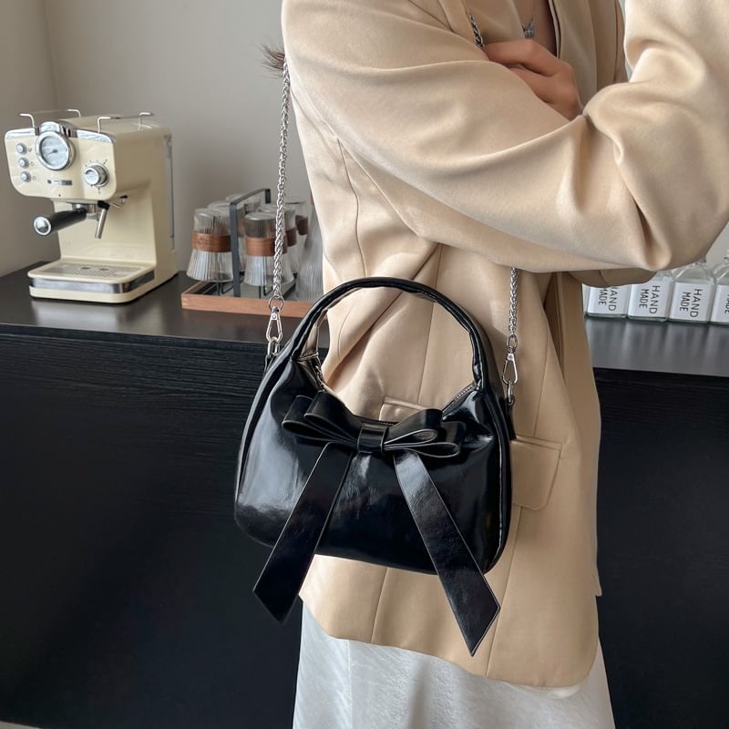 Chain Strap Plain Bow Accent Faux Leather Crossbody Bag