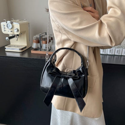 Chain Strap Plain Bow Accent Faux Leather Crossbody Bag