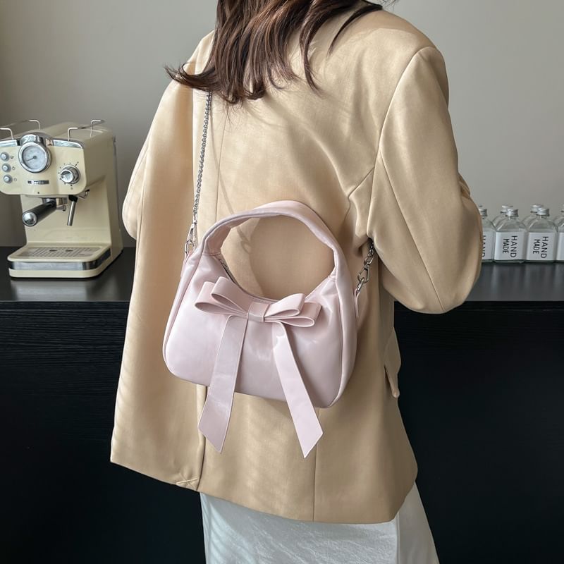 Chain Strap Plain Bow Accent Faux Leather Crossbody Bag