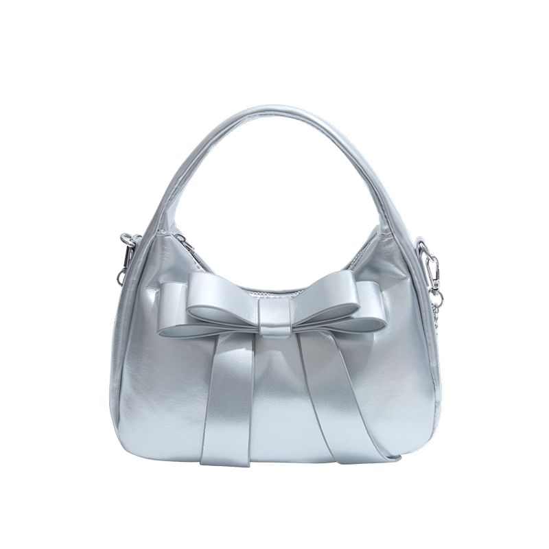 Chain Strap Plain Bow Accent Faux Leather Crossbody Bag