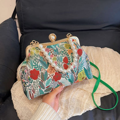 Faux Pearl Strap Floral Jacquard Crossbody Bag