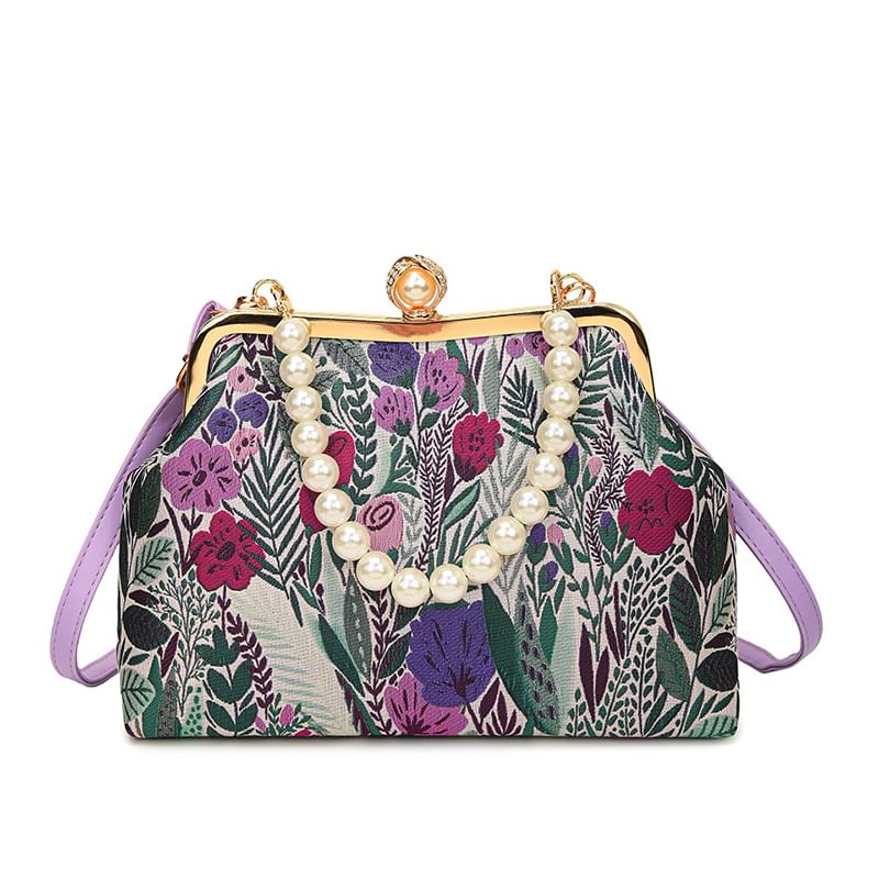 Faux Pearl Strap Floral Jacquard Crossbody Bag