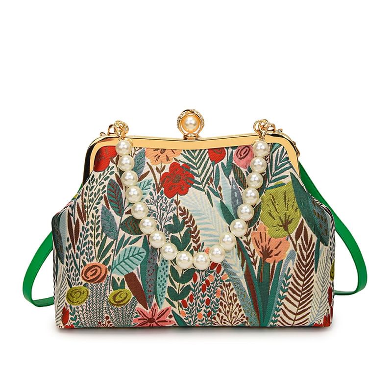 Faux Pearl Strap Floral Jacquard Crossbody Bag