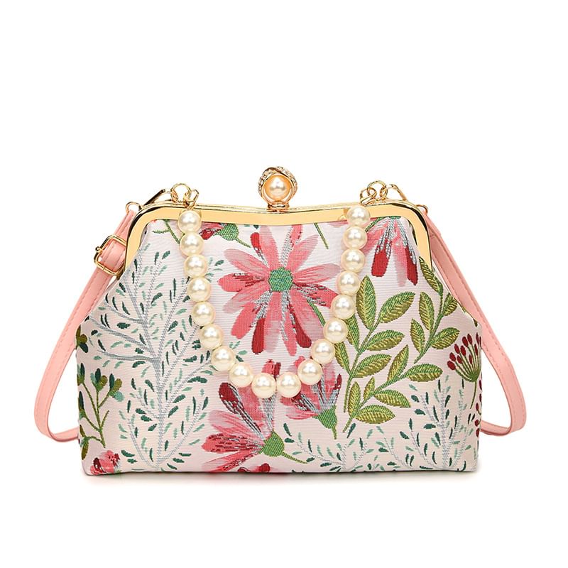 Faux Pearl Strap Floral Jacquard Crossbody Bag