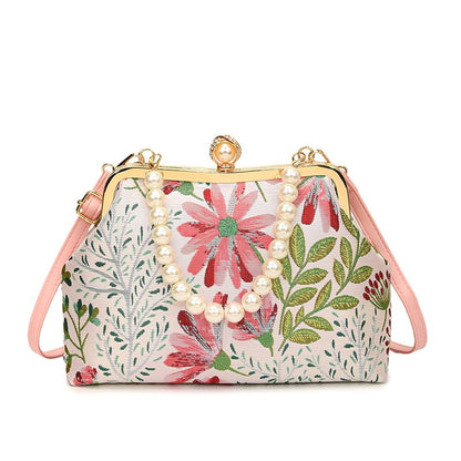 Faux Pearl Strap Floral Jacquard Crossbody Bag