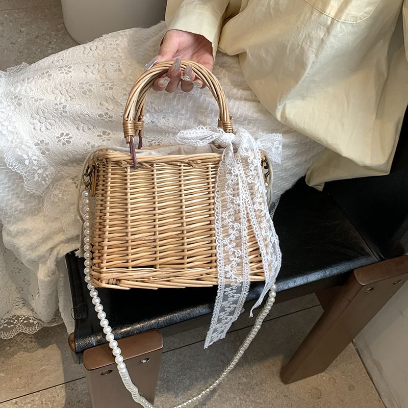 Set: Faux Pearl Strap Drawstring Straw Crossbody Bag + Scarf