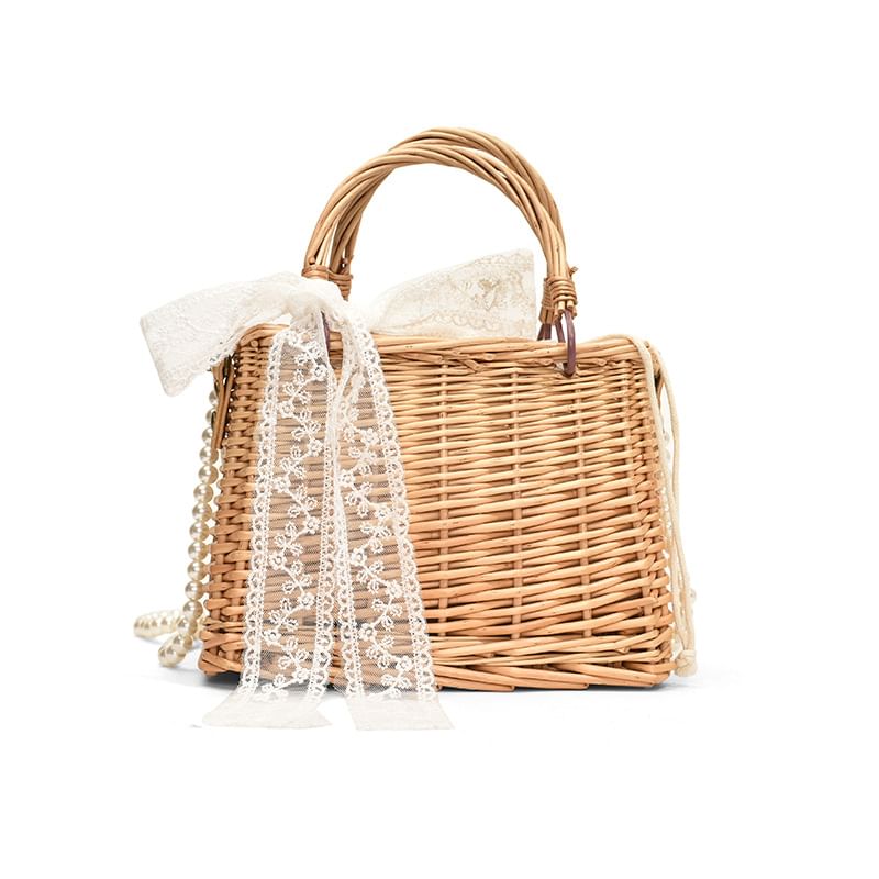 Set: Faux Pearl Strap Drawstring Straw Crossbody Bag + Scarf