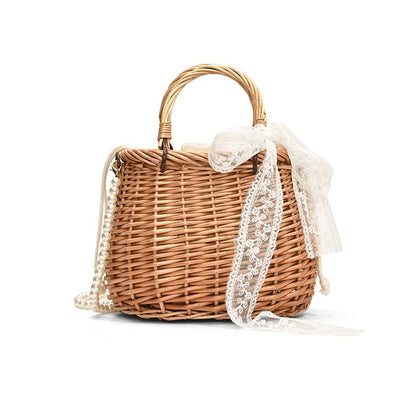Set: Faux Pearl Strap Drawstring Straw Crossbody Bag + Scarf