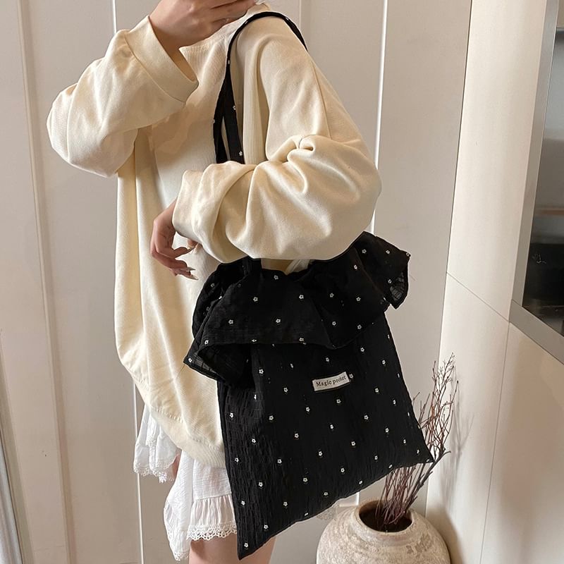 Floral Embroidered Ruffle Trim Tote Bag