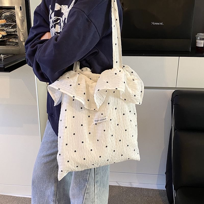 Floral Embroidered Ruffle Trim Tote Bag