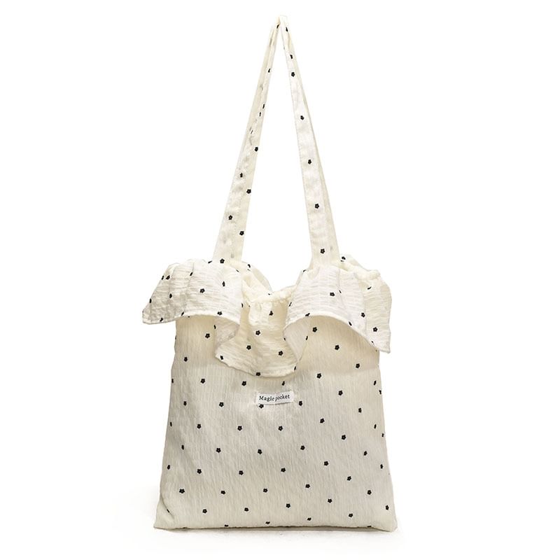 Floral Embroidered Ruffle Trim Tote Bag