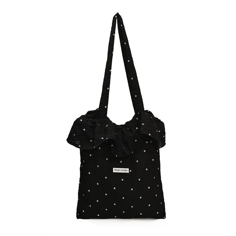Floral Embroidered Ruffle Trim Tote Bag