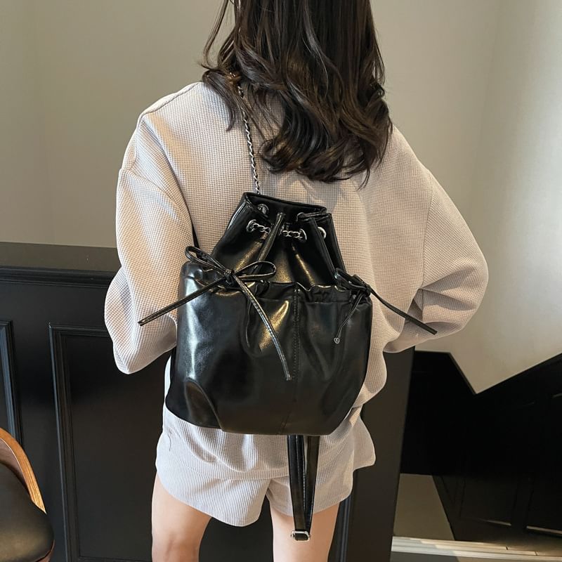 Plain Drawstring Faux Leather Backpack