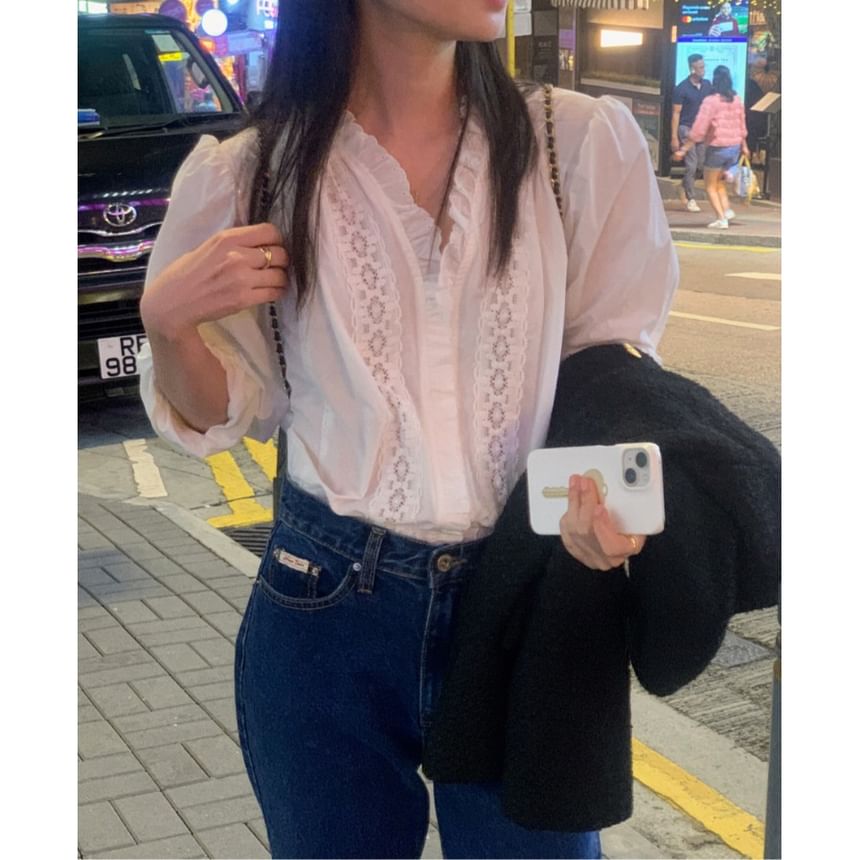 Lace Panel V-Neck Long Sleeve Blouse