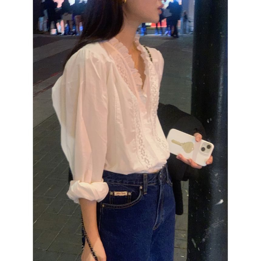 Lace Panel V-Neck Long Sleeve Blouse