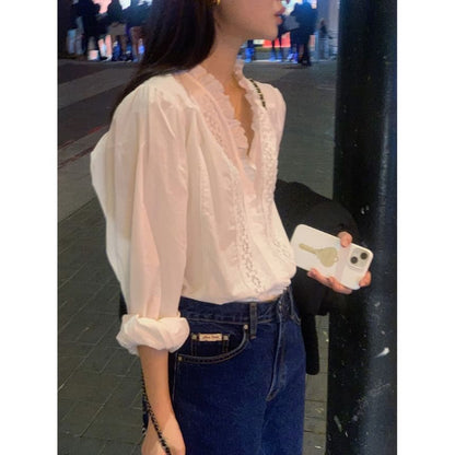Lace Panel V-Neck Long Sleeve Blouse