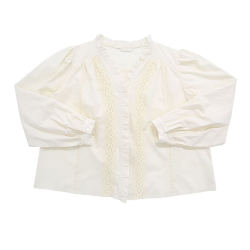 Lace Panel V-Neck Long Sleeve Blouse