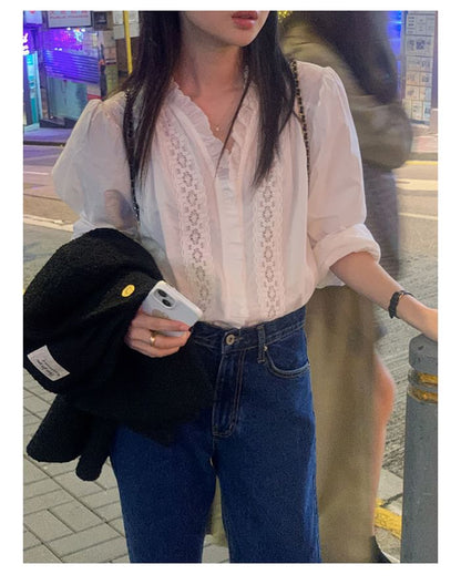 Lace Panel V-Neck Long Sleeve Blouse