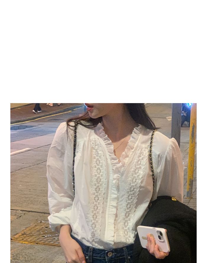 Lace Panel V-Neck Long Sleeve Blouse