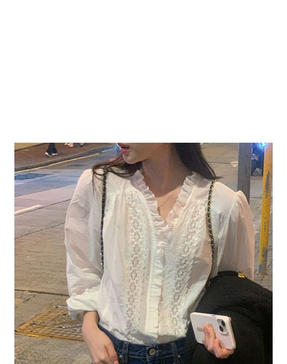 Lace Panel V-Neck Long Sleeve Blouse