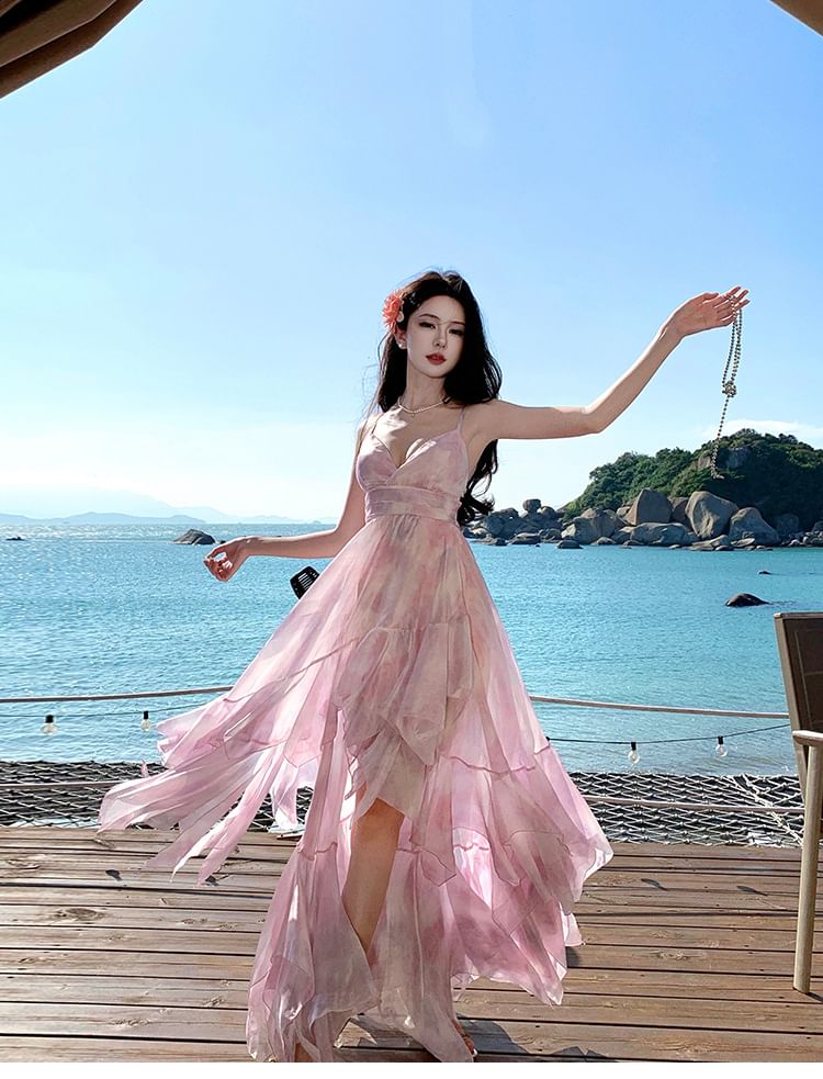 Asymmetrical Tie-Dyed Ruffled Slit Midi Sundress V-Neck