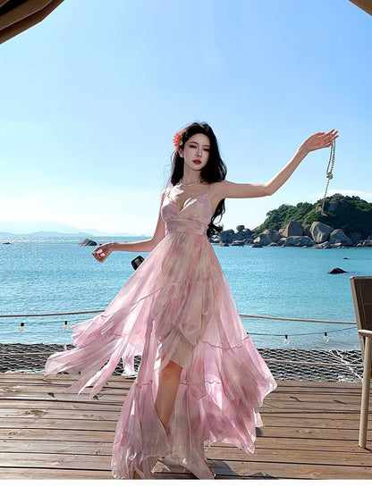Asymmetrical Tie-Dyed Ruffled Slit Midi Sundress V-Neck