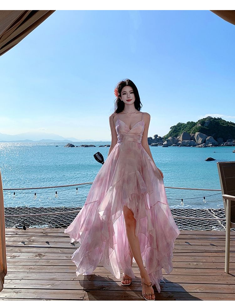 Asymmetrical Tie-Dyed Ruffled Slit Midi Sundress V-Neck