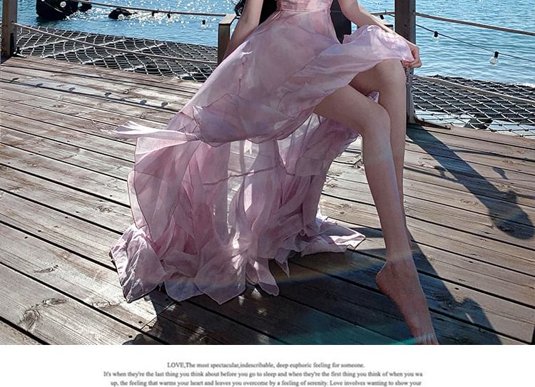 Asymmetrical Tie-Dyed Ruffled Slit Midi Sundress V-Neck